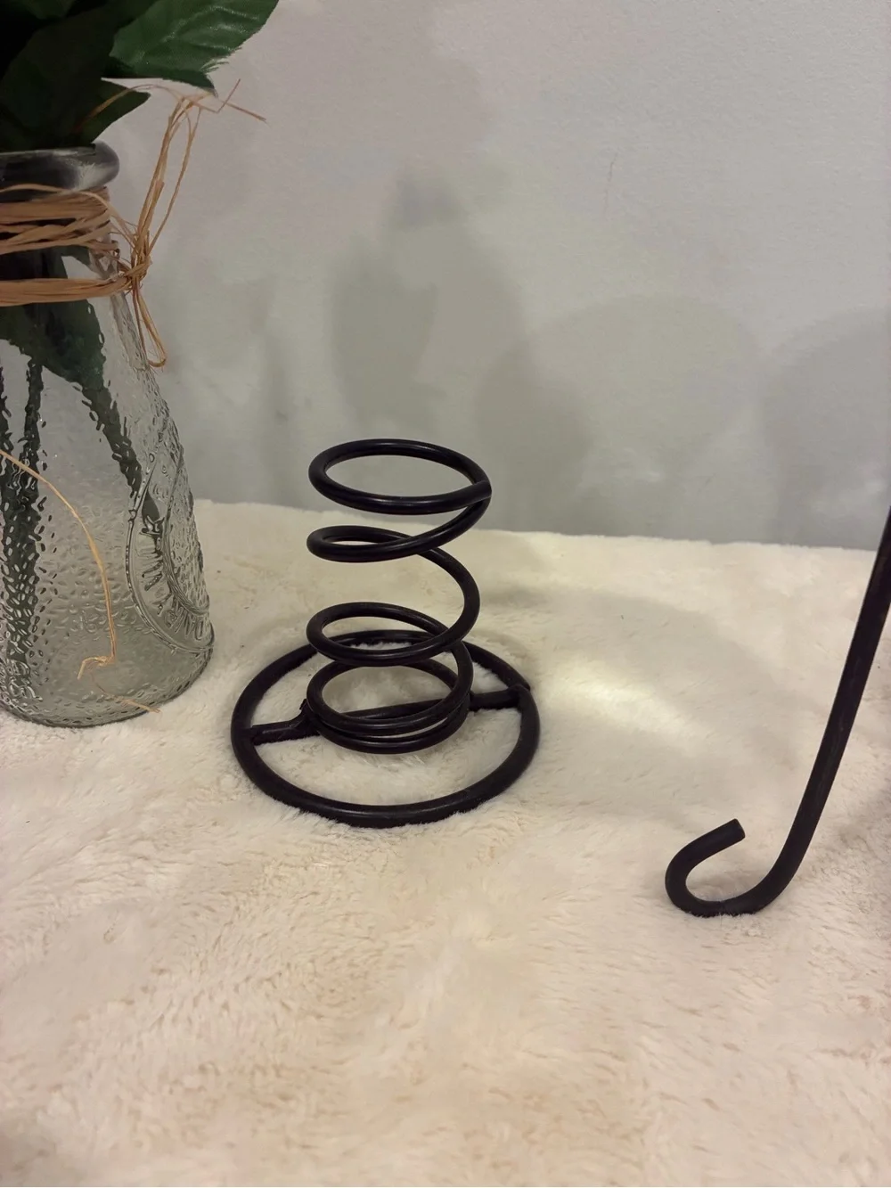 Green Tinted and Glass Candle Holders on Wrought Iron Metal Stand Set of 3